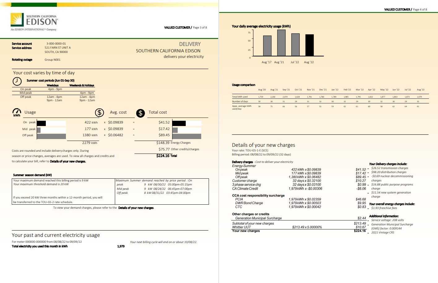 USA Southern California EDISON utility bill, Word and PDF template, 8 pages 3 4